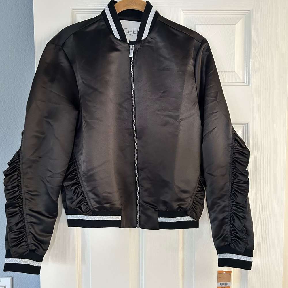 Rachel Rachel Roy Black Satin Ruffle Bomber Jacket Silver Metallic Trim NWT S